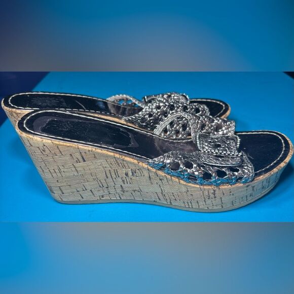 Yellow Box Braided Metallic Rhinestone Buckle Cork Wedge Sandals Size 8 EPC - Picture 6 of 8